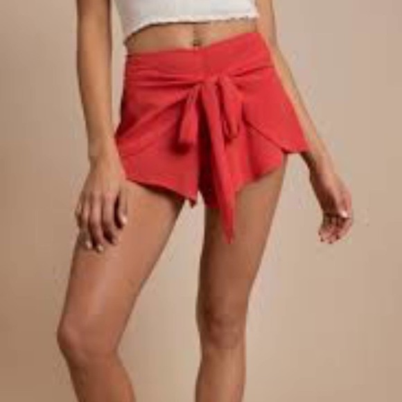 DO + BE Women's Bright Poppy Red Paperbag Waist Tie Shorts with Pockets sz S - Picture 2 of 8